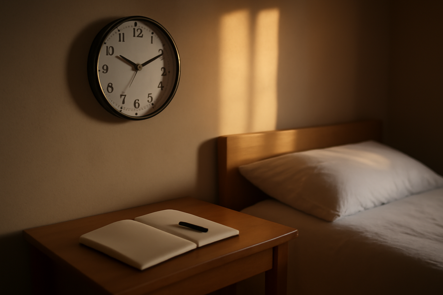 Horloge affichant 20h20 dans une chambre calme, lumière du soir et carnet de notes sur la table