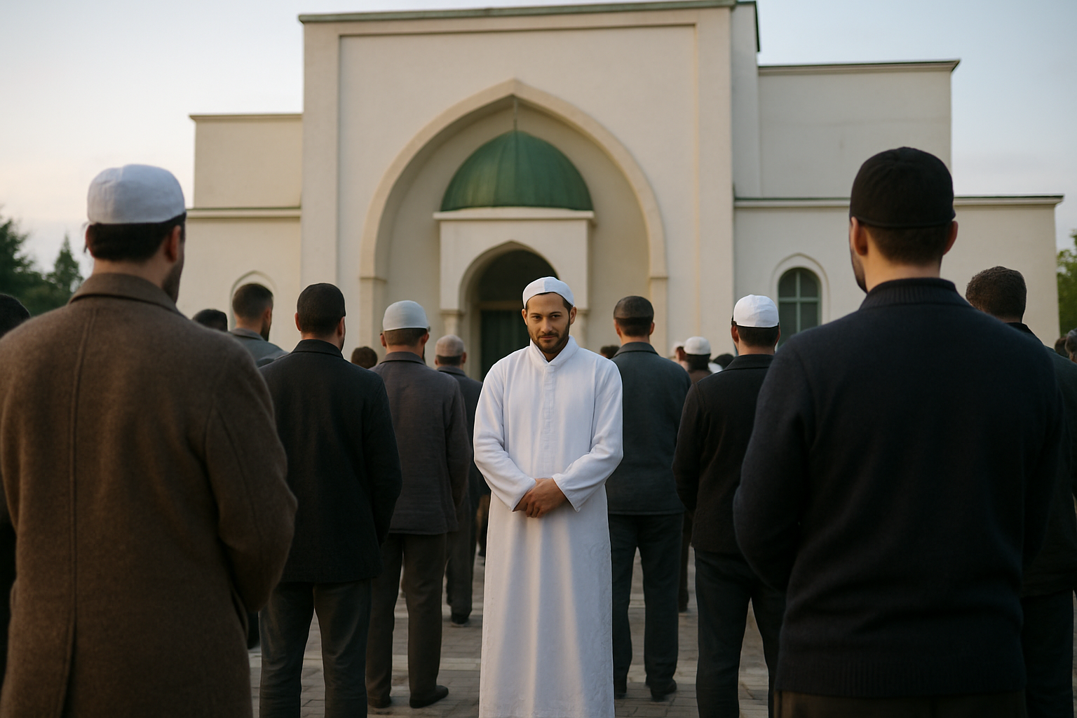 Fidèles debout en rangs pendant une prière funéraire musulmane près d’une mosquée, lumière douce du matin