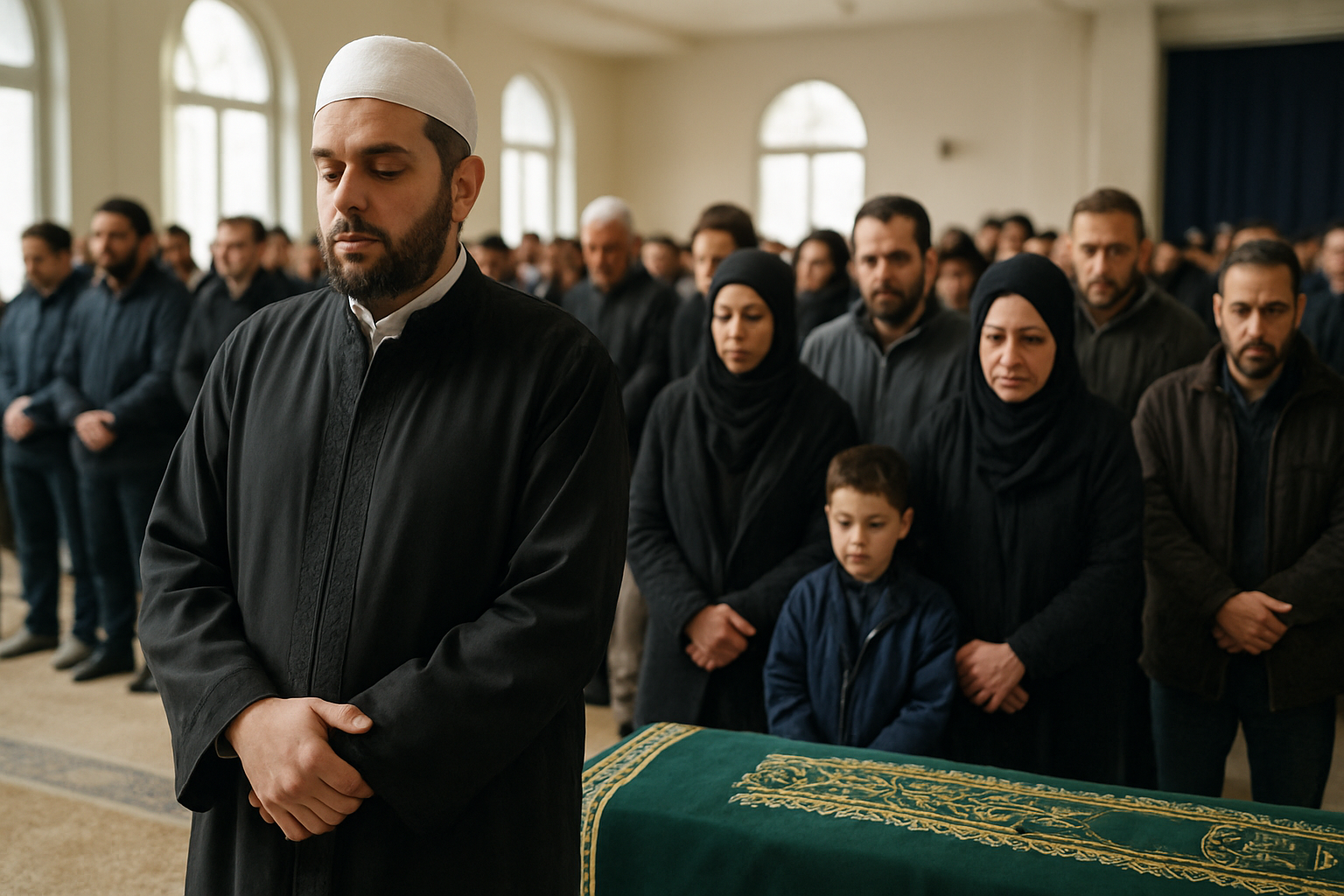Imam guidant une prière funéraire pour un défunt, famille rassemblée et rangs de fidèles dans une salle de prière