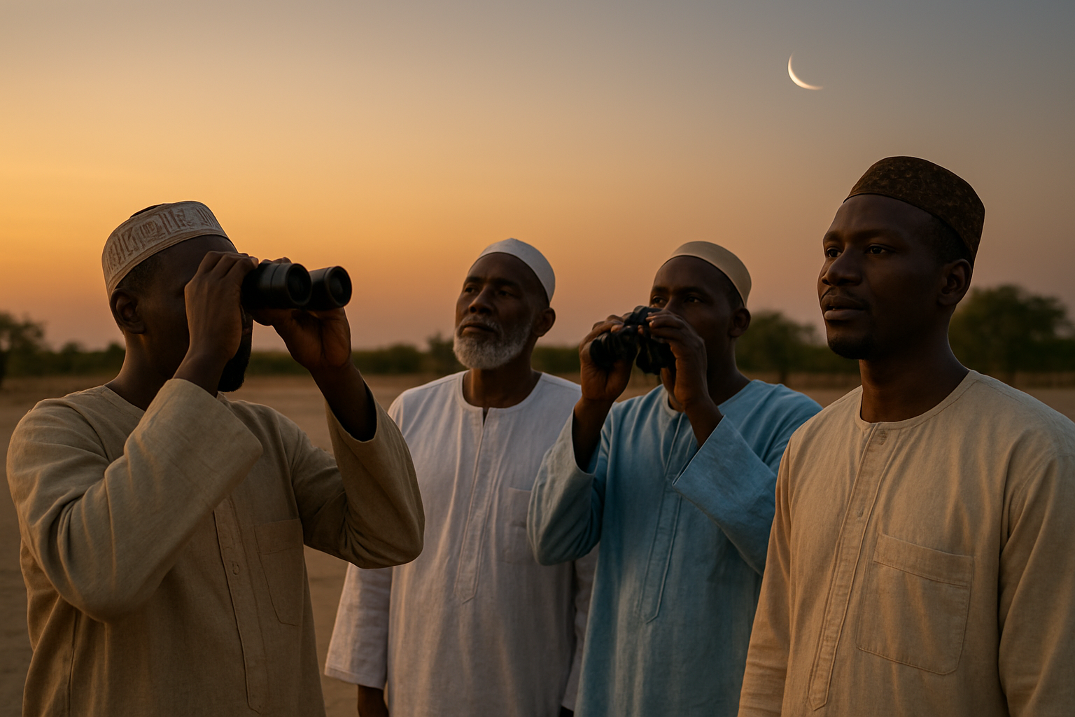 ciel au coucher du soleil et observateurs regardant le croissant lunaire pour la Korité 2025