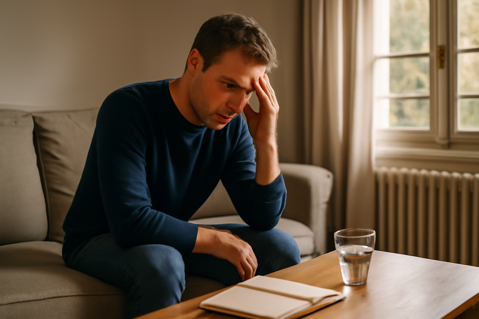 mal de tête côté gauche signification spirituelle : personne tenant la tempe gauche dans une lumière douce