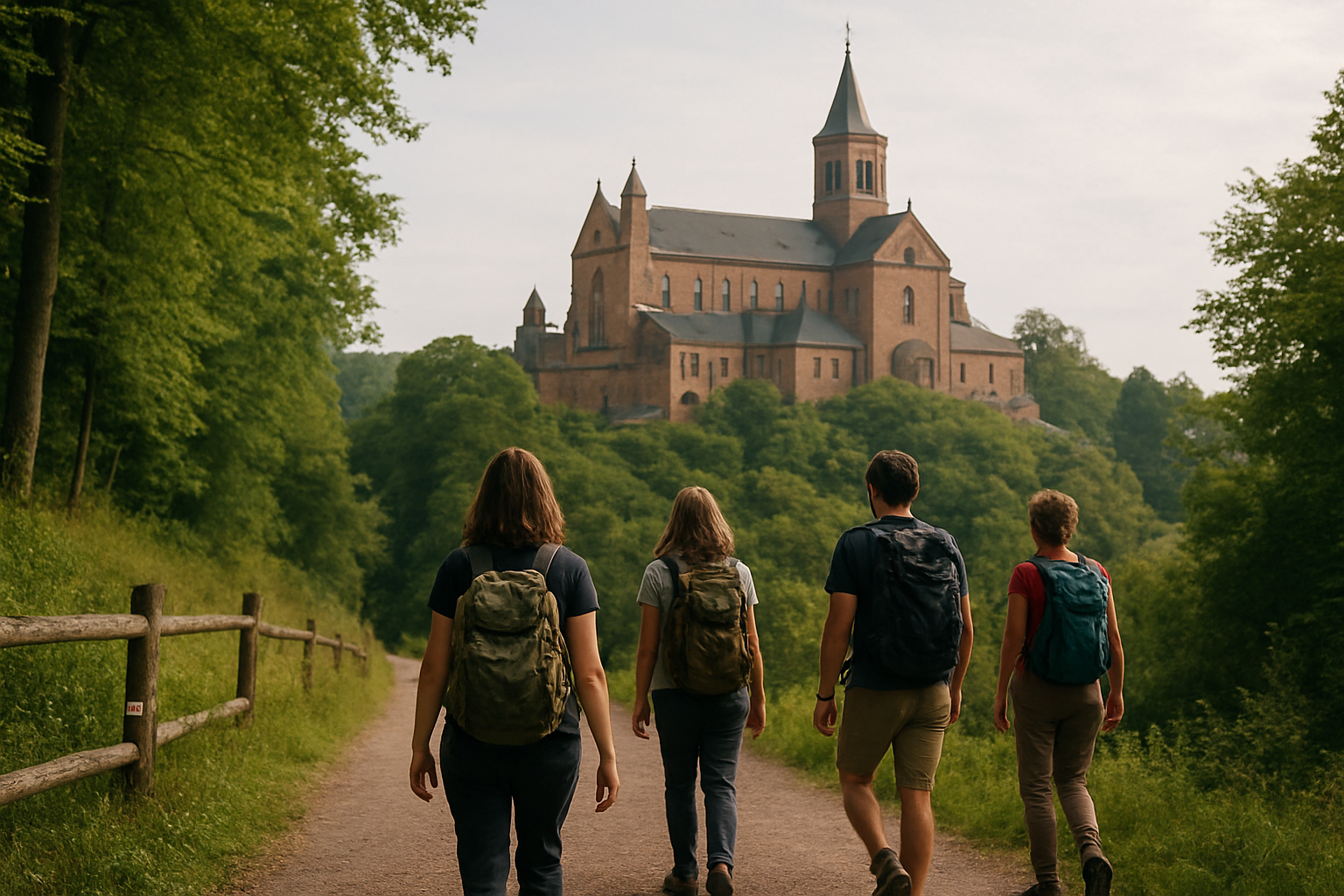 Vue sur le sanctuaire du Mont Sainte-Odile depuis un chemin, visiteurs en tenue de marche, lumière du matin