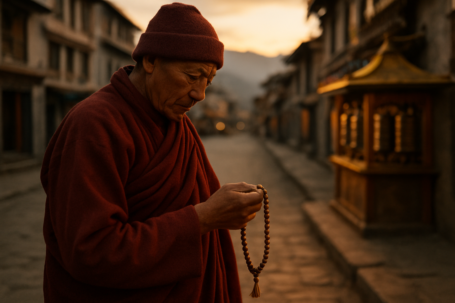 Récitation du mantra Om mani padme hum sur un chapelet, dans une rue tibétaine au crépuscule