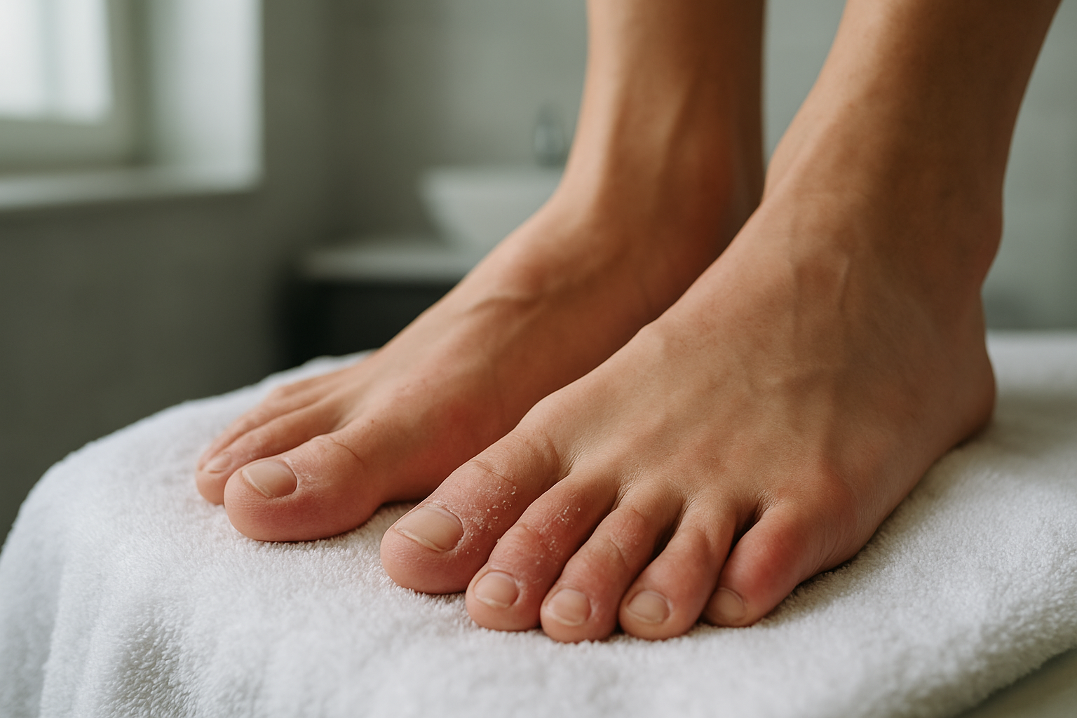 Pied avec peau qui pèle et rougeur entre les orteils, ambiance salle de bain, lumière naturelle