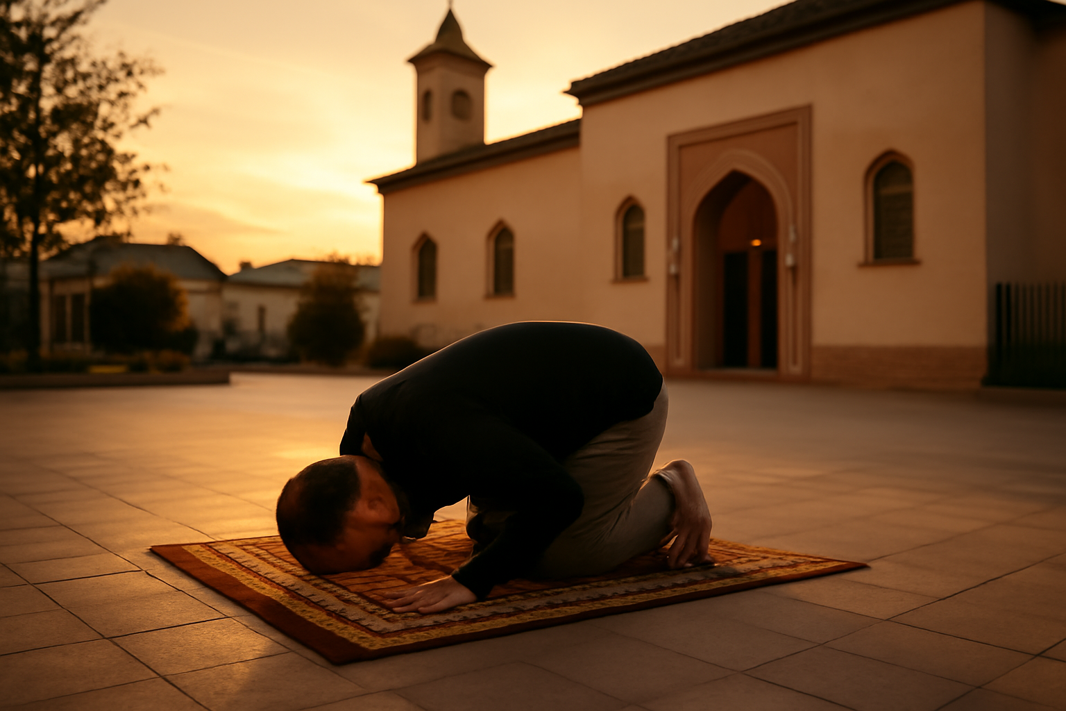 Rakats maghrib : prière du coucher du soleil dans une mosquée, tapis de prière et lumière du soir