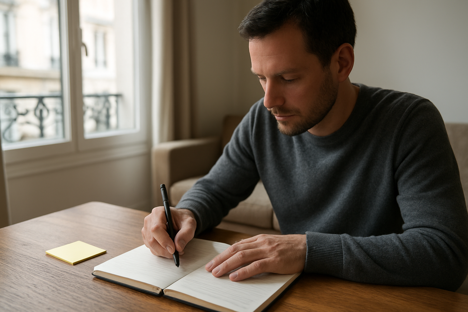 Personne écrivant dans un journal près d’une fenêtre, lumière naturelle, carnet et stylo sur une table
