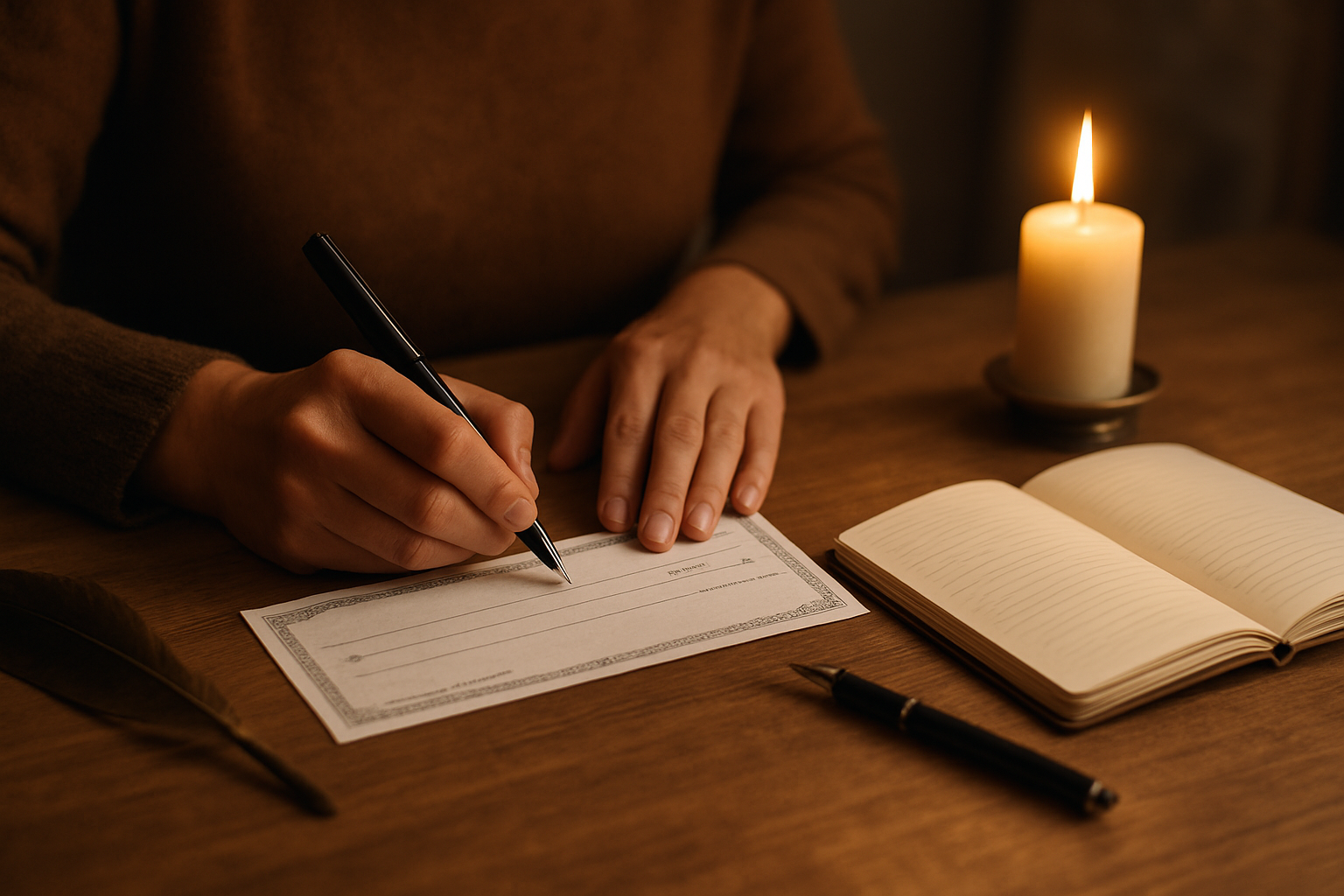 Personne écrivant un chèque d’abondance sur une table près d’une bougie, lumière du soir et carnet rituel