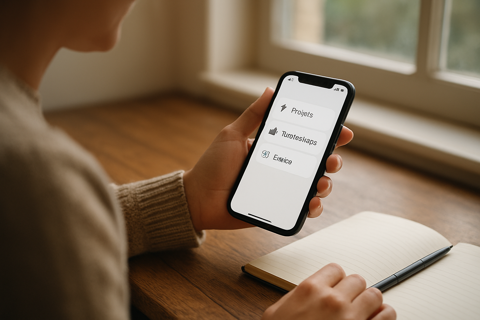 Personne lisant sur un téléphone des rubriques « prières » et « événements » dans un environnement calme, lumière naturelle, carnet à côté
