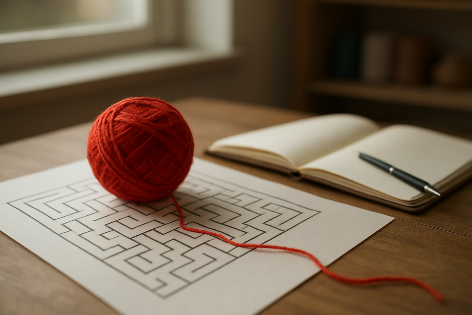 Une pelote de fil rouge posée sur une carte de labyrinthe, lumière douce d’atelier, carnet et stylo à côté
