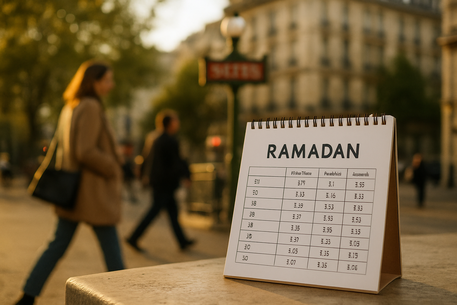 Horaires du Ramadan affichés sur un calendrier à Paris près d’une station de métro, lumière du soir