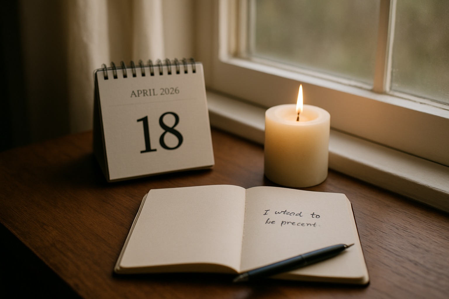 Calendrier affichant le 18 avril 2026 et bougie de recueillement dans une pièce lumineuse