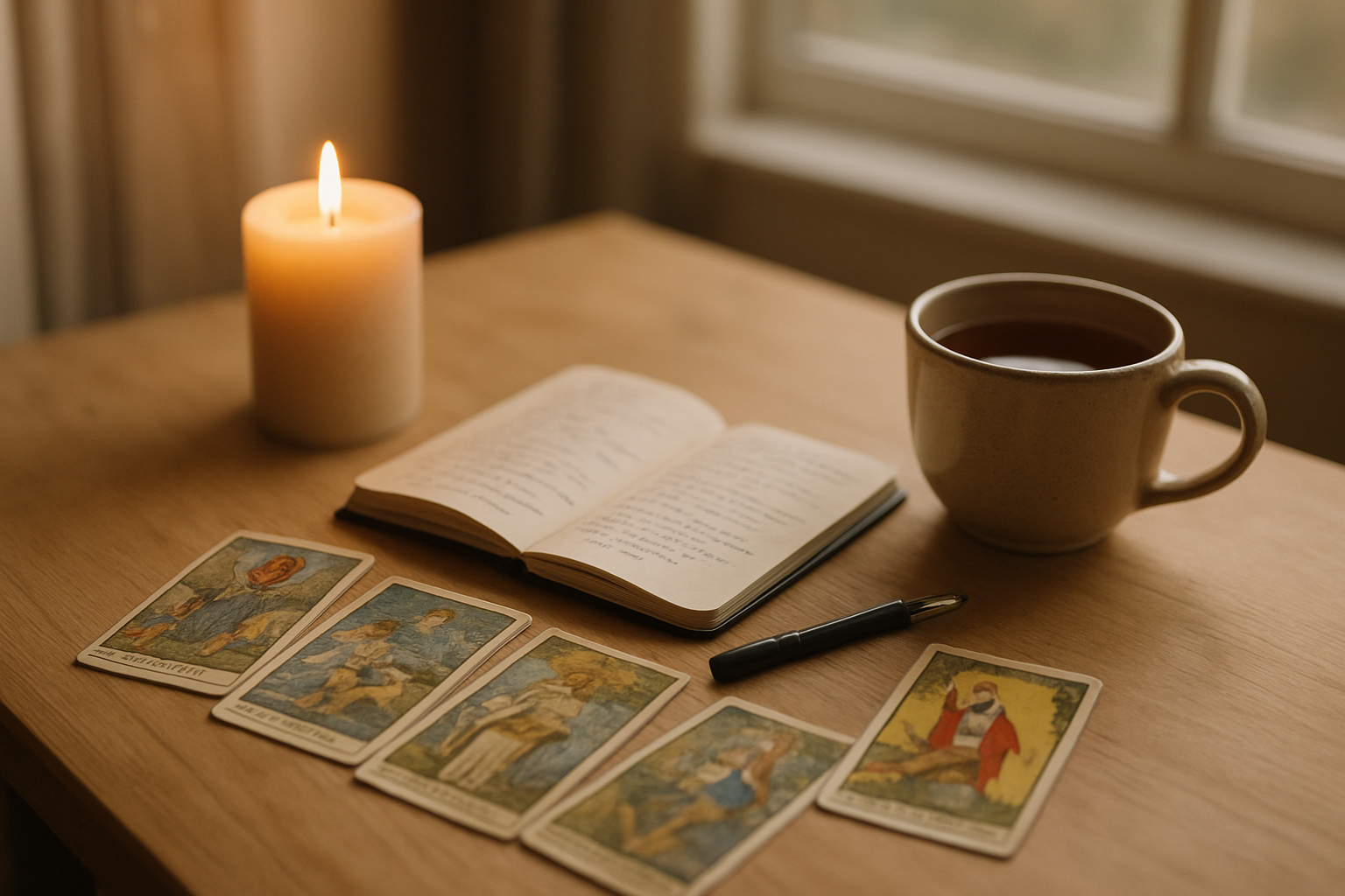 Cartes de tarot spirituel posées sur une table en bois, bougie allumée et carnet de journal, lumière chaude de fin d’après-midi